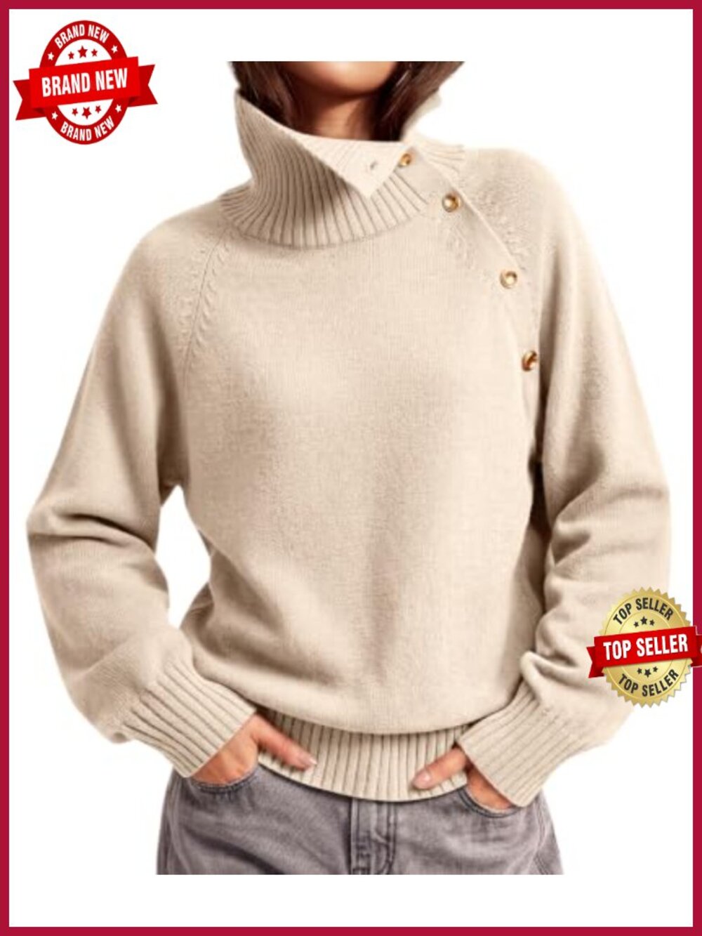 Oversized Turtleneck Sweater Viscose Blend Gold Button Raglan Pullover